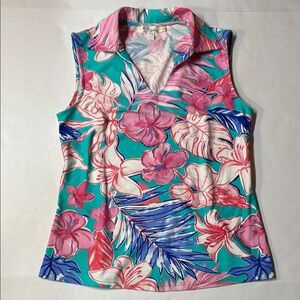 Aryeh Womens Vibrant Tropical Print Sleeveless Vneck Pink/Teal Blouse Sz S
